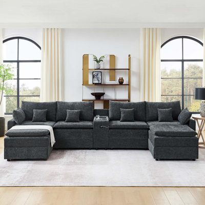 Canapé modulaire en U de 143,8 po avec console centrale, porte-gobelet, chargeur USB, repose-pieds mobile et canapé en chenille 4-6 places pour un salon spacieux
