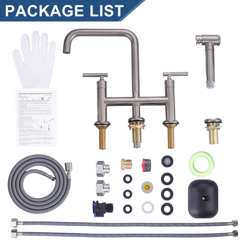 Brass 8" Deck Mount Bridge Kitchen Faucet With Brass Pull Out Side Sprayer, 4-hole Double Handle Ktichen Faucet