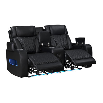 Jazmina 74"W Black Leather Aire Transformer Power Reclining Loveseat With Power Headrest, Bluetooth Speakers, LED Lights, USB & USB-C Ports, Storage & Cupholders