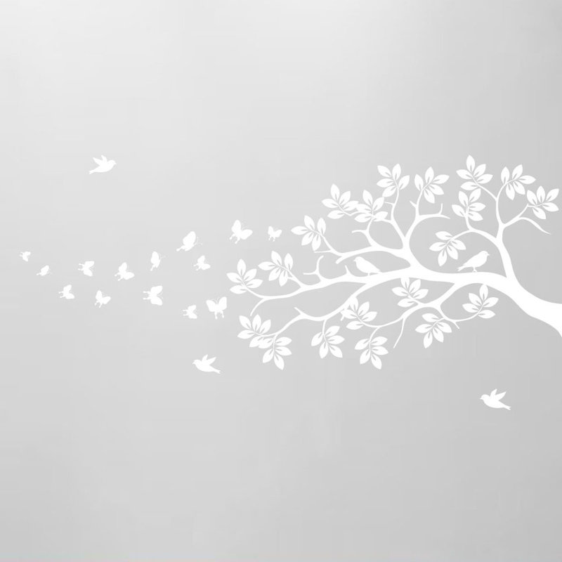 Décalcomanie murale en vinyle arbre à oiseaux, Blanc