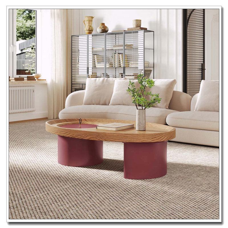 Table basse 45,3 po ovale en bois avec rangement, plateau en noyer avec pieds rouges