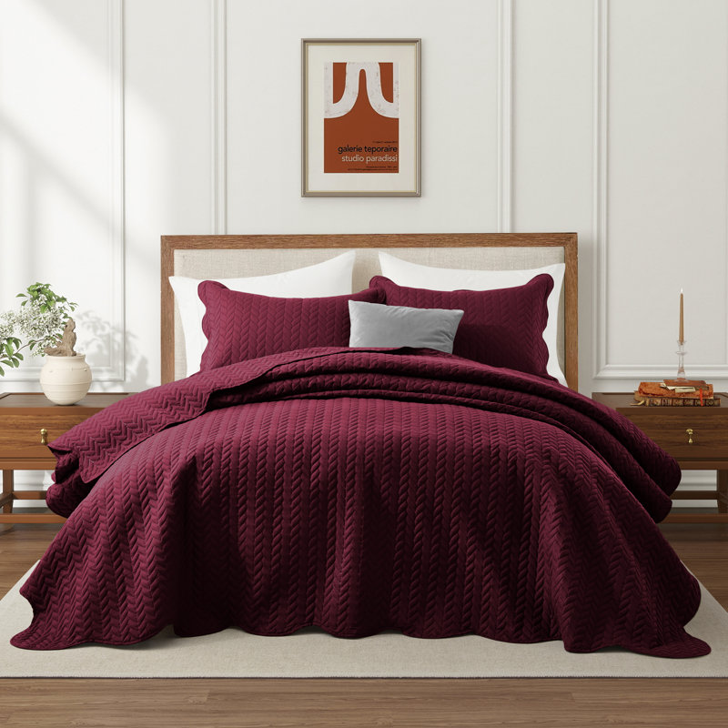 Microfiber Embossed Queen Quilt Sets| Hotel-Quality Bedspread, Burgundy, Queen Bedspread ( 90 x 96)+ 2 Standard Pillowcases