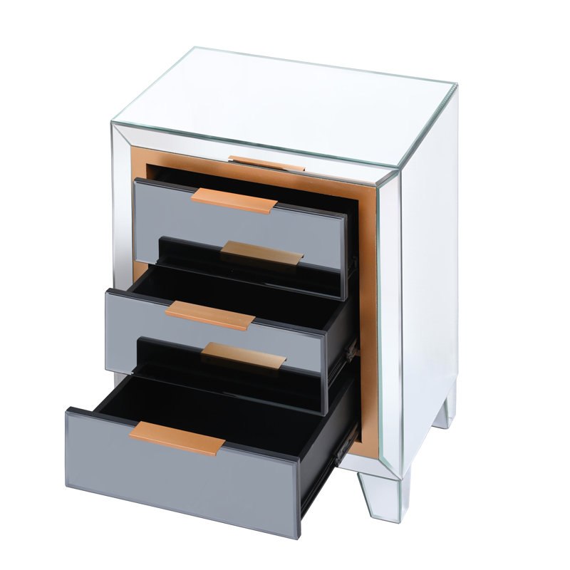 Schlueter Night Table Mirrored 3 Drawers, Dresser, Chest, Accent Table Fully Assembled