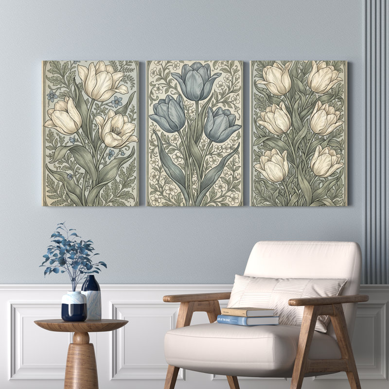 Ensemble de 3 tableaux muraux vintage sur toile à motif floral de tulipes, H 18 po x l 36 po