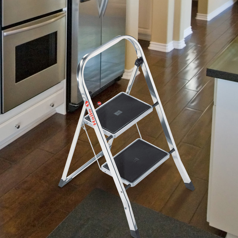 Échelle pliante en aluminium à 2 marches Hailo K71, capacité de 225 lb, se plie jusqu'à 3 po de largeur - Certifié ANSI, Tapis en acier antidérapant, charnière de sécurité, escabeau mince pour la maison, la cuisine et le garage