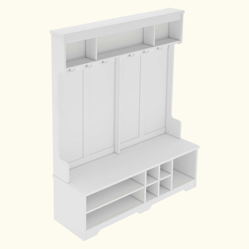 Modern Hallway Hall Tree With Metal Hooks And Storage Space, Multi-Functional Entryway Coat Rack With Shoe Cubbies, White
