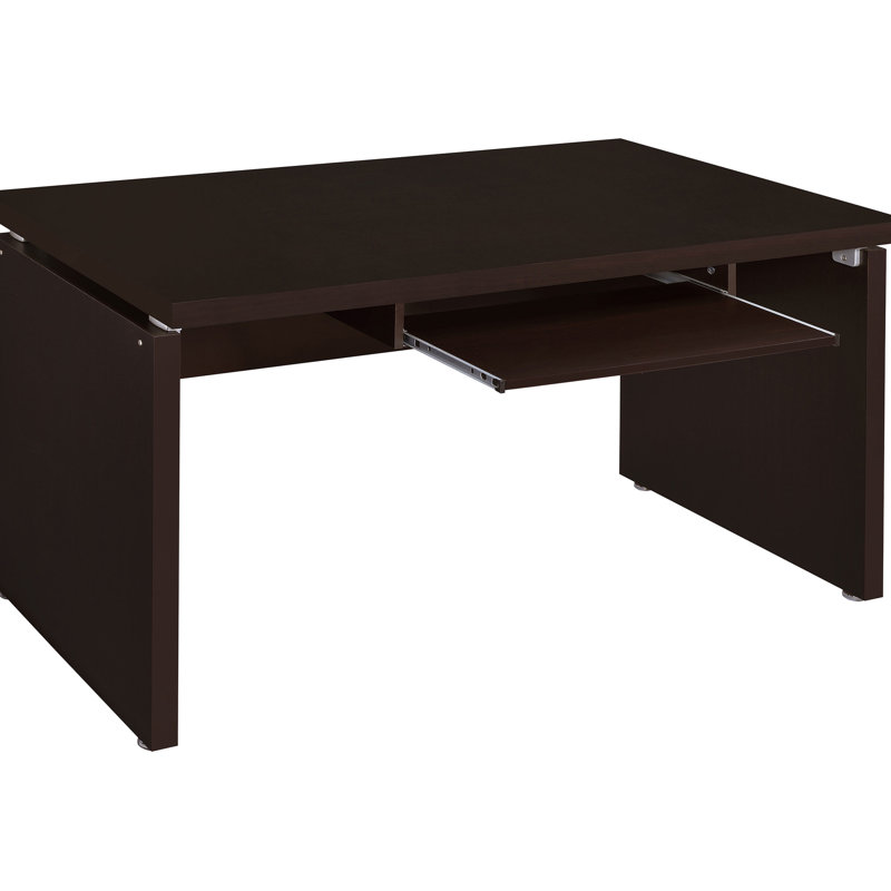 Bureau de coin Cappuccino de 211 cm (83 po) avec plateau spacieux et tablette coulissante, rangement pour clavier.
