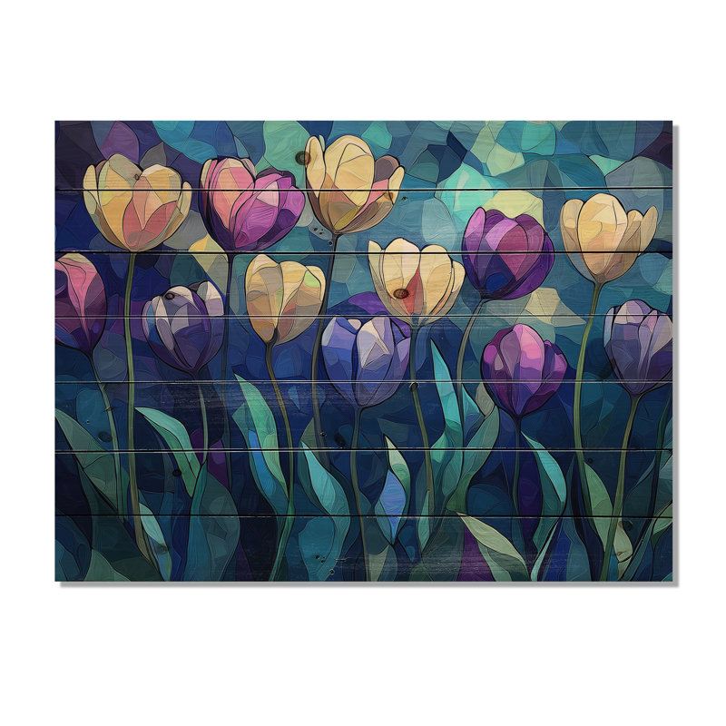 Blue Velvet Sky Tulips Field - Tulips Wood Wall Art - On Natural Pine Wood, 10" H x 20" W x 0.78" D