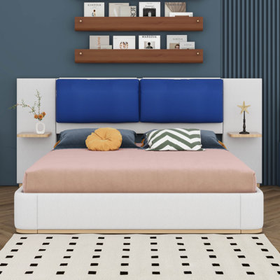 King Size Upholstered Platform Bed Frame, Panel Headboard With Anti-Collision Soft Rounded Corners, Solid Wood Slats