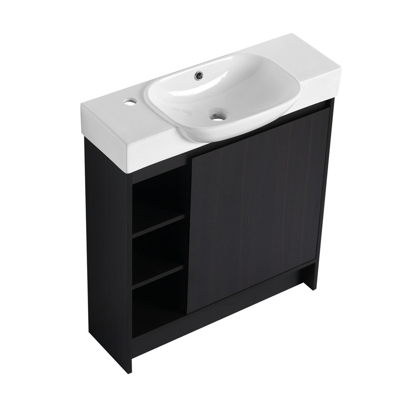 Meuble-lavabo autoportant de 30 po avec lavabo en céramique et porte à fermeture en douceur, Chêne foncé
