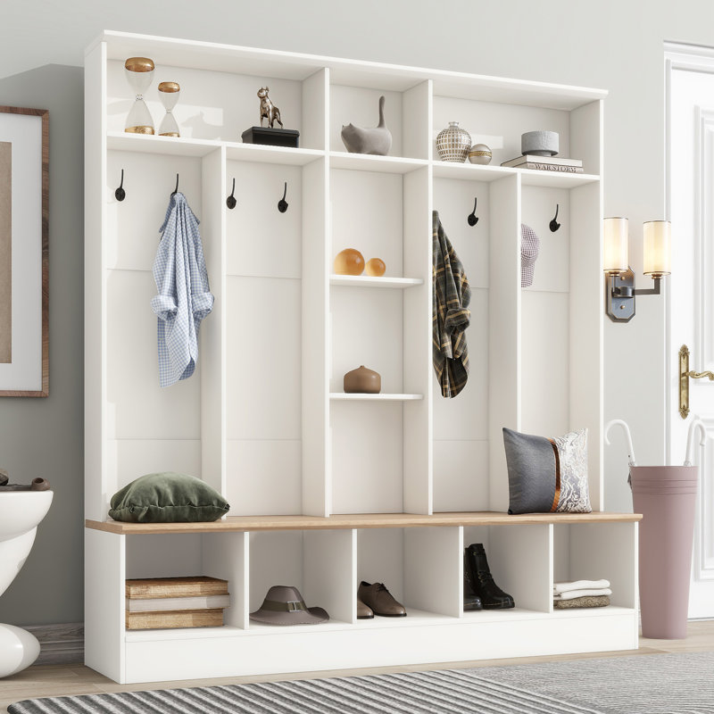 Wide Design Hall Tree With Storage Bench, White