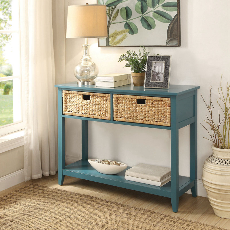 Lakendra Rectangular 2-Drawer Console Table with Bottom Shelf, Teal, 28" H x 44" W x 16" D