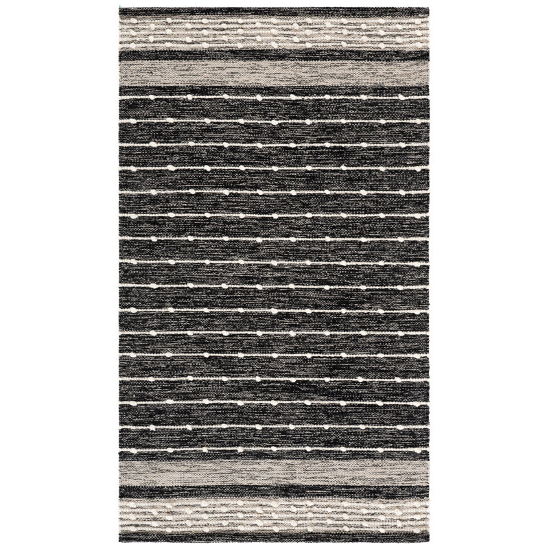 Tapis rayé en coton / laine tissé à la main en noir / blanc Henneman, Rectangle 3 pi x 5 pi