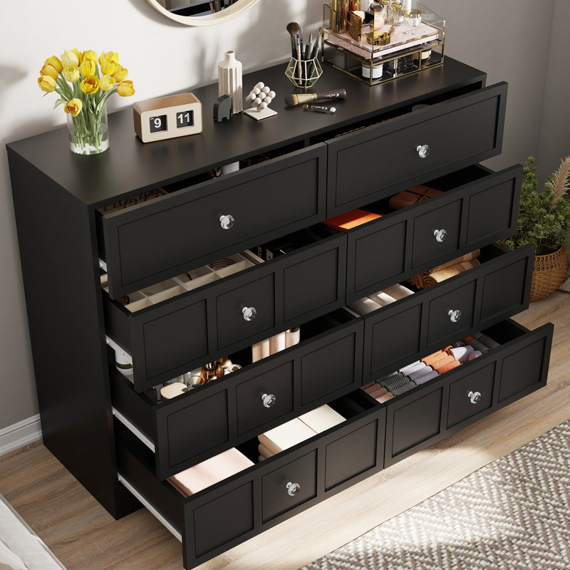 Commode 8 tiroirs l 47 po - Commode de chambre en bois, commode double pour chambre à coucher, Noir