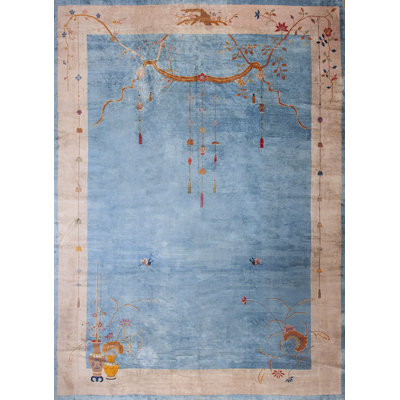 Hand Knotted Pile Blue Floral 1920s Large Rectangle Antique Wool Rug