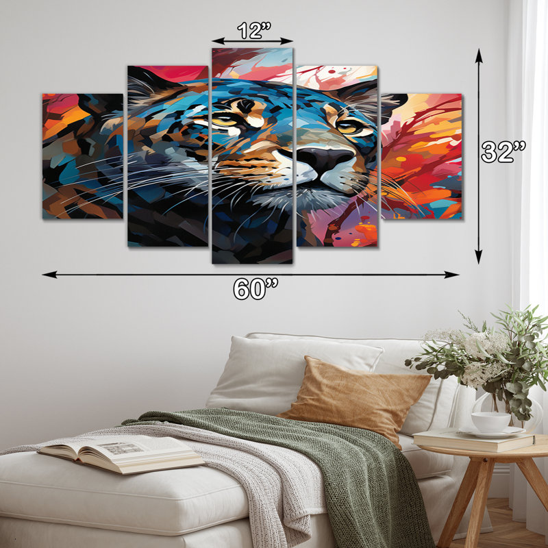 Red Popart Panther Wilderness I - Reproduction d'art mural animaux - 5 panneaux