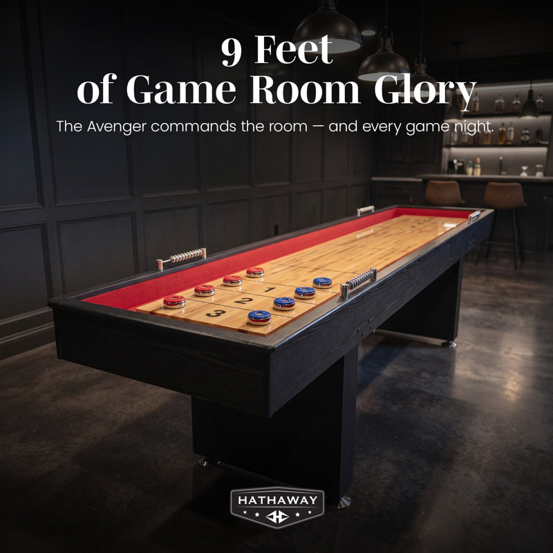 Hathaway Avenger 9 Ft Shuffleboard Table for Family Game Room – Poly-Coated Playfield, Built-In Scorer & Cabinet, Carpeted Gutters, 8 Pucks, Brush & Wax – Black Finish