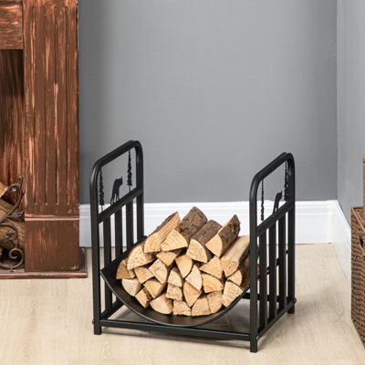 Firewood Holder With Tools Kit - Indoor Outdoor Rack 1 Tier Black Curved Bottom 110 Lbs Capacity Stylish Log Basket 16.5"x13.29"x17 & Wood 16.5" L X 13.29" W 17" H