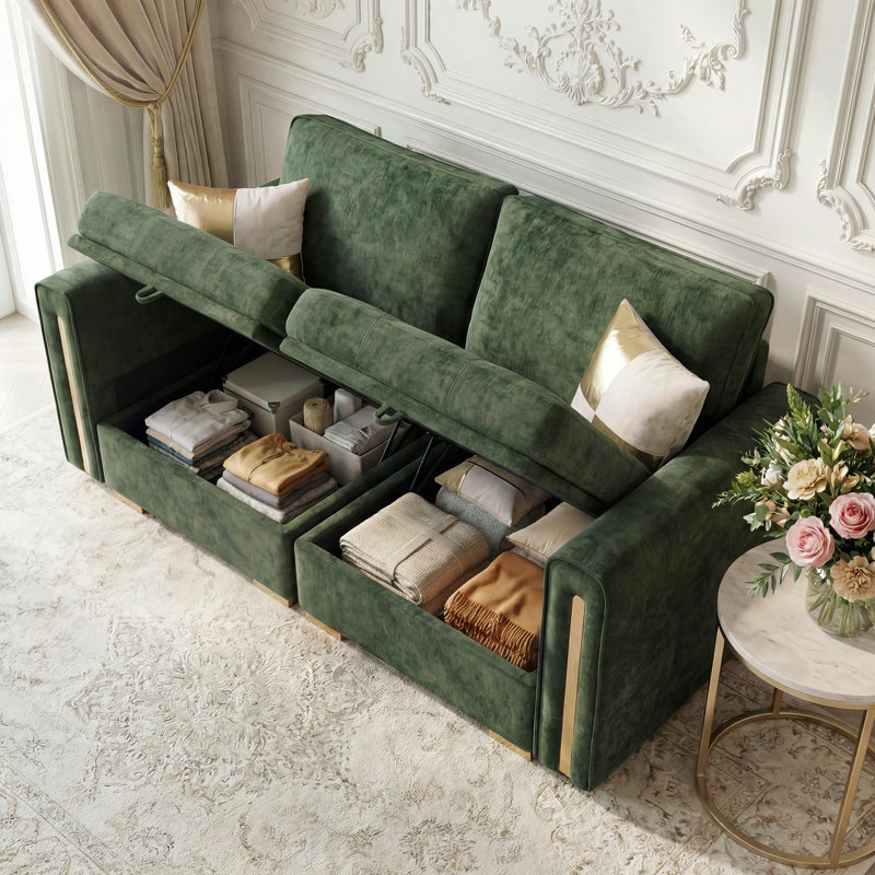 2-Piece Modular Sleeper Sectional Couch with Storage Seat, Luxury Chenille Sectional Sofa with Gold Legs and Accent, Green