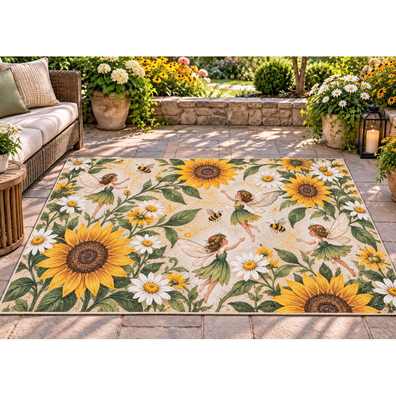 Tapis d'extérieur 152 x 213 cm (5' x 7') à motifs floraux tournesols et abeilles, en PVC épais, imperméable et bouclé, idéal pour terrasse, balcon, entrée, véhicule récréatif ou autre espace extérieur. Séchage rapide.