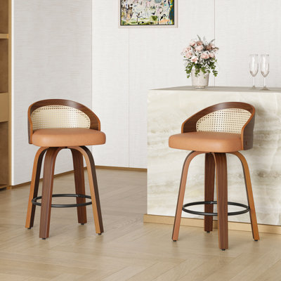 Modern Of 2 Yellow Bar Stools With 360 Degree Swivel, Back, Pu Leather For Kitchen, Comfortable And Easy - Clean Industrial Counter Height Swivel Leather, Contemporary Design
