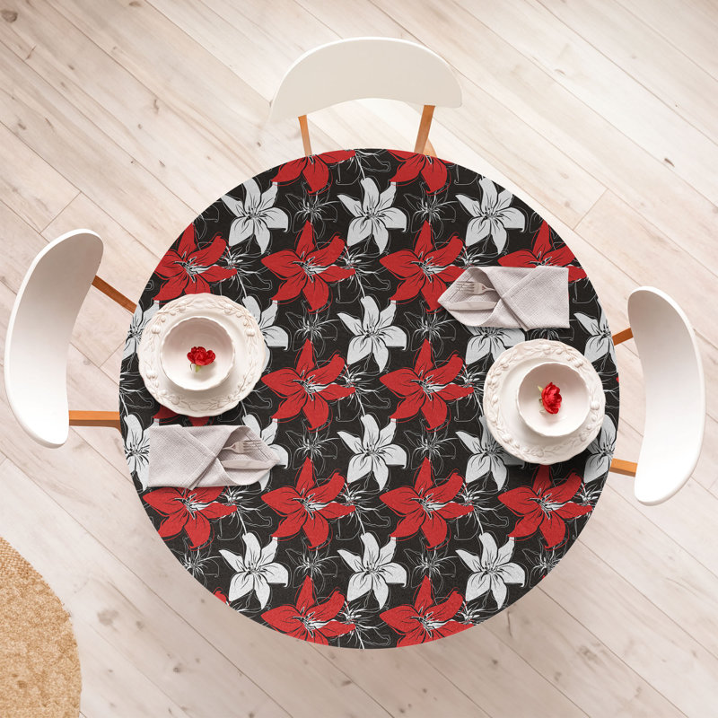 Ambesonne Floral Fitted Round Tablecloth Vermilion White Black, 51.97" Round