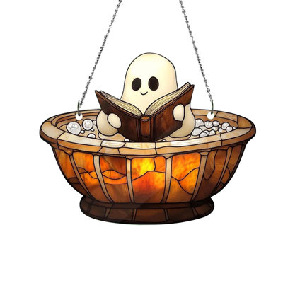 Halloween Decorations Halloween Ghost Bathtub Suncatcher Stained Glass Style Window Decor with Book  Cute Fall Ornament for Spooky Readers  Relaxation
