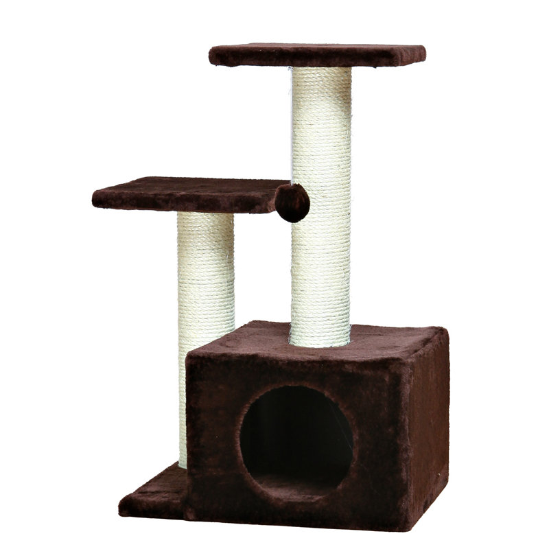Brown Sisal and Plush 28" Freestanding Cat Tree with Condo and Perches