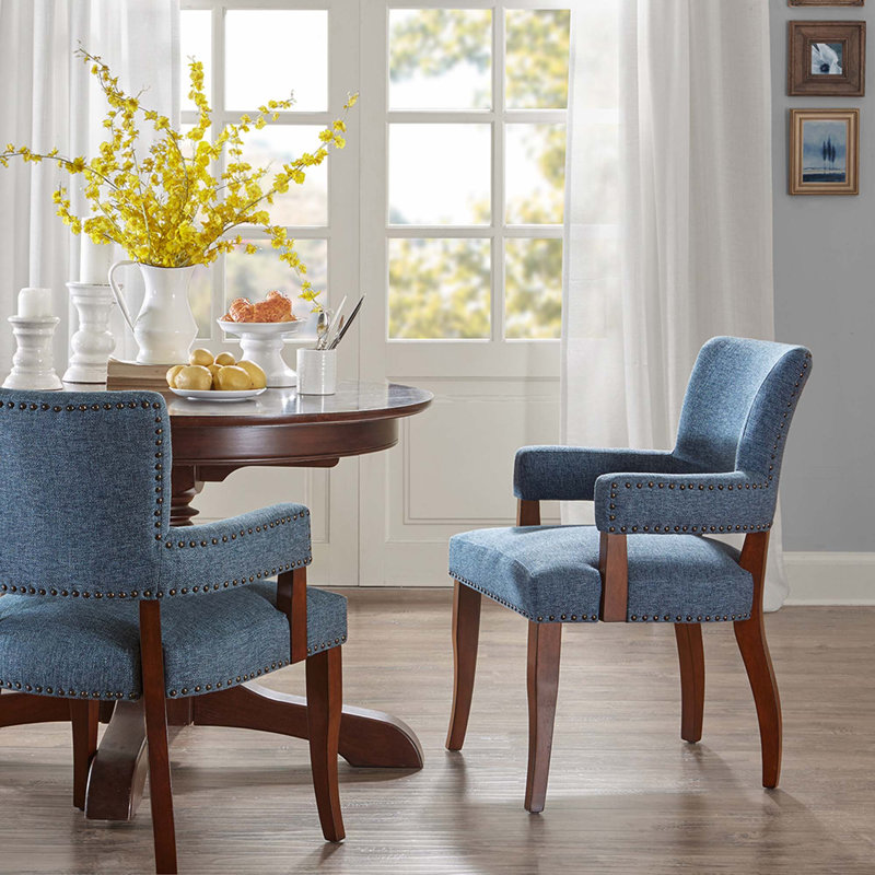 Fauteuil de salle à manger rembourré avec garniture cloutée, Bleu, Noyer