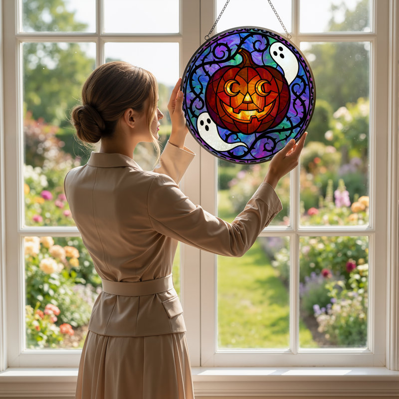 12"H Pumpkin Ghost Stained Glass Window Panel