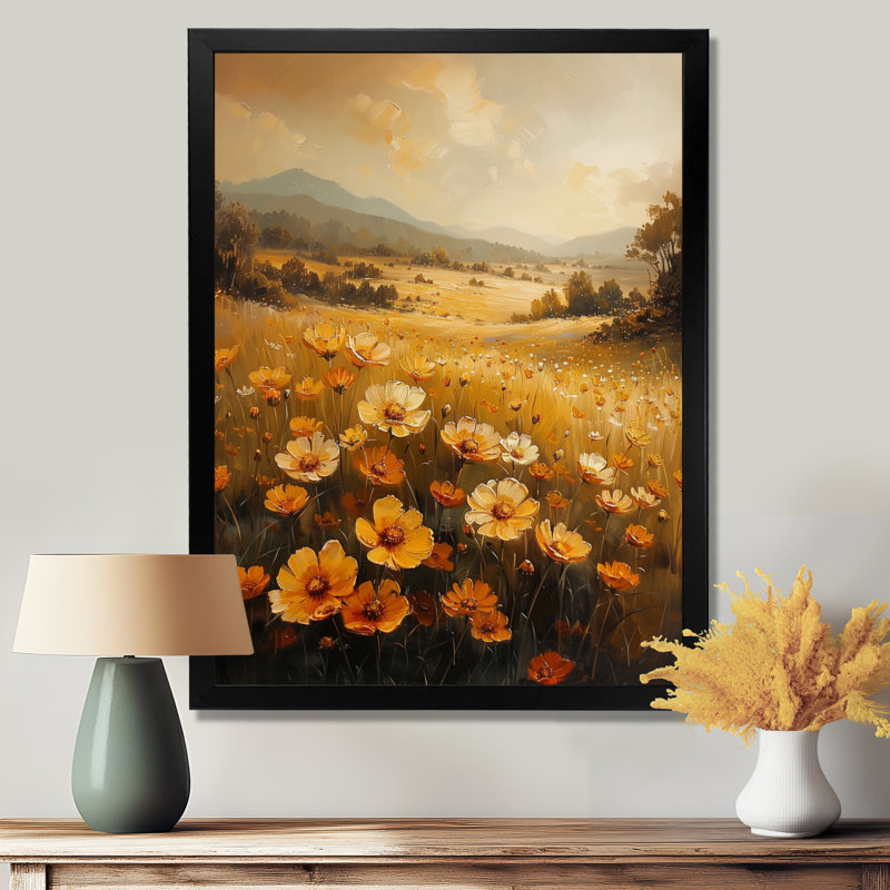 Or jaune jaune vert Sunlit Meadow II - Buttercups, art mural, H 44 po x l 34 po x P 1,5 po, Toile encadrée noire simple