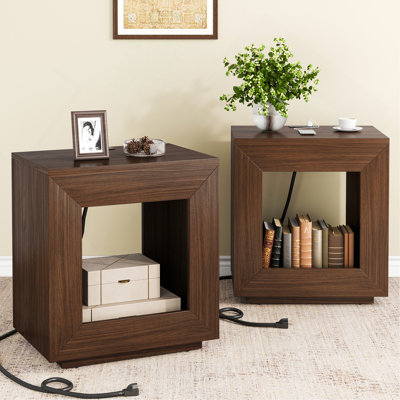 Rustic Wood End Table, 2 Tiered Square Side Table With Storage Shelf, Industrial Sofa Side Table For Living Room, Entrance (Rustic Brown)(2)