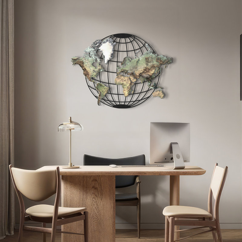 Carte topographique du monde en métal, art mural, H 20 po x l 27 po x P 1 po