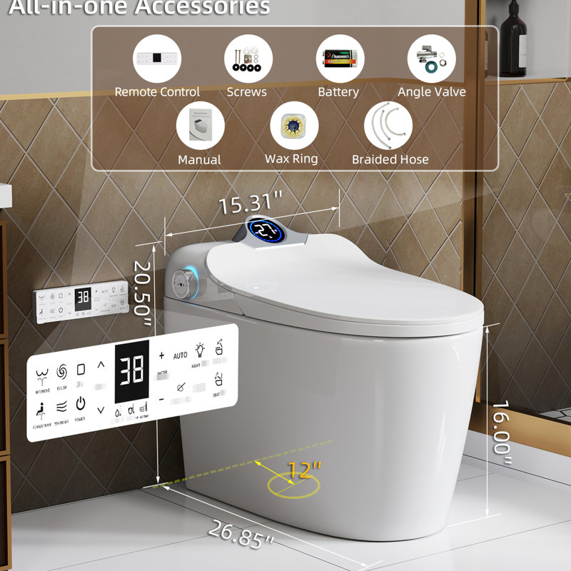 Foot Sensor Activated Smart Toilet With Self-Cleaning Nozzle, Three Level Heated Seat, Airflow, Led Display, Night , Knob Control, Soft Close, Auto Flush, And Remote Control - White Classic For