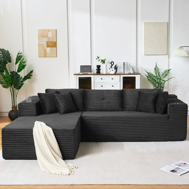 105" Corduroy L-Shaped Sectional Sofa with Chaise, Oversized 4-Seat Cloud Couch with Deep Foam Cushions, Black Cotton