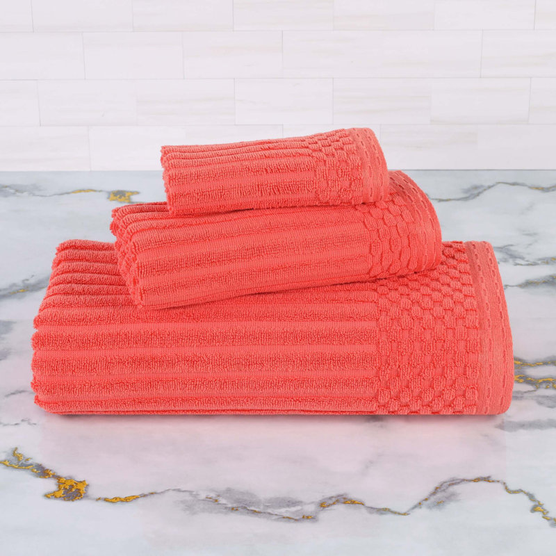 Collection de serviettes à bordure à carreaux en coton 3 pièces Soho Spa, Orange corail, Ensemble de serviettes 3 pièces