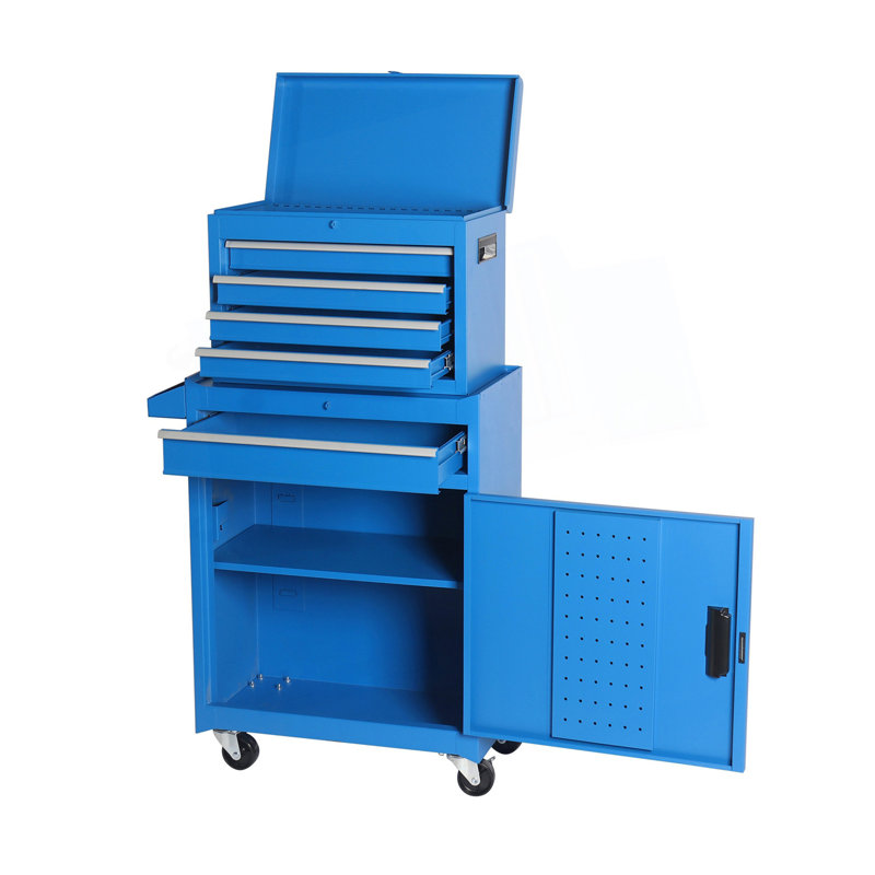 Coffre à outils, armoire de rangement à outils à 5 tiroirs avec boîte à outils supérieure amovible et tablette réglable, Bleu