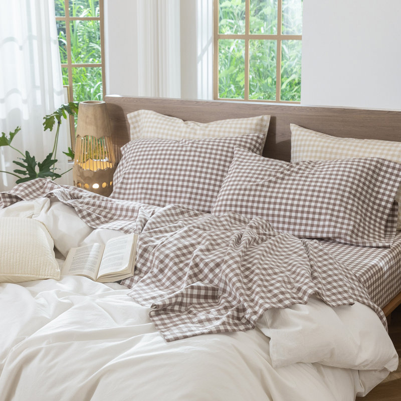 Ensemble de draps 100% coton lavé MooMee, Ensemble de draps pour très grand lit avec 2 taie, Brun