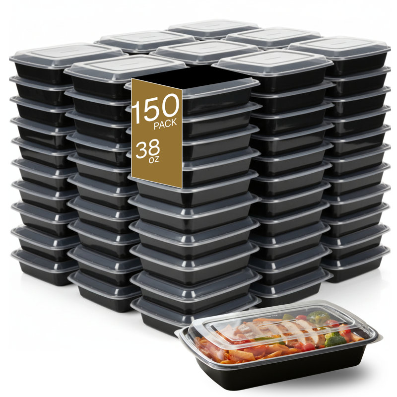 Microwaveable Container (Shallow) with Lid, 38oz, 150-Pack
