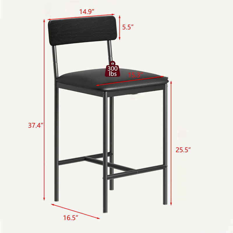 25.5 Inches Upholstered Bar Chairs with Back, Black, 2