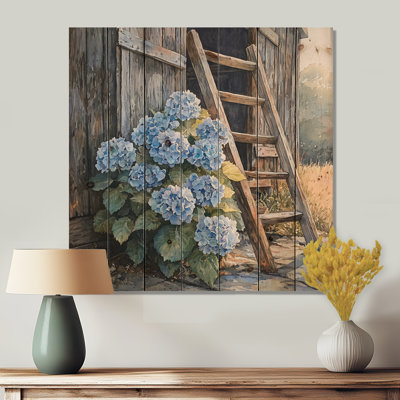 Hydrangeas By The Barn Ladder - Hydrangea Wood Print - On Natural Pine Wood
