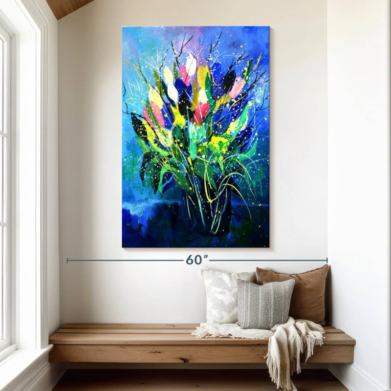 Avery tulipes sur fond bleu, H 51 po x l 34 po