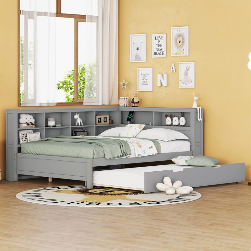 Lit de jour avec couchette, tablette de rangement et ports de chargement USB, Gris