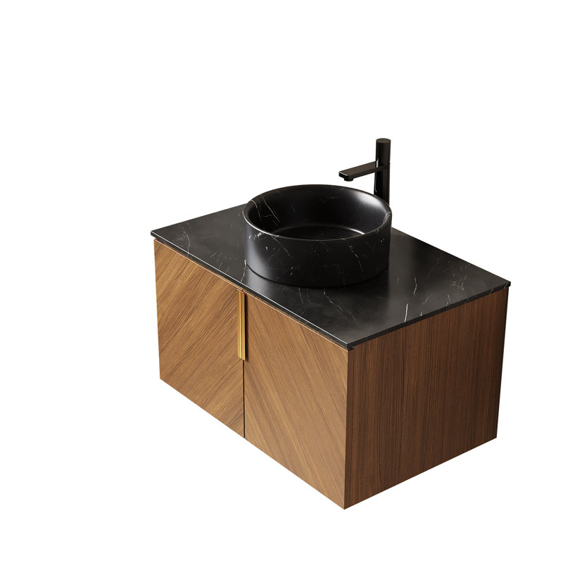 Meuble-lavabo flottant avec lavabo vasque, Rond, 30", Céramique noire