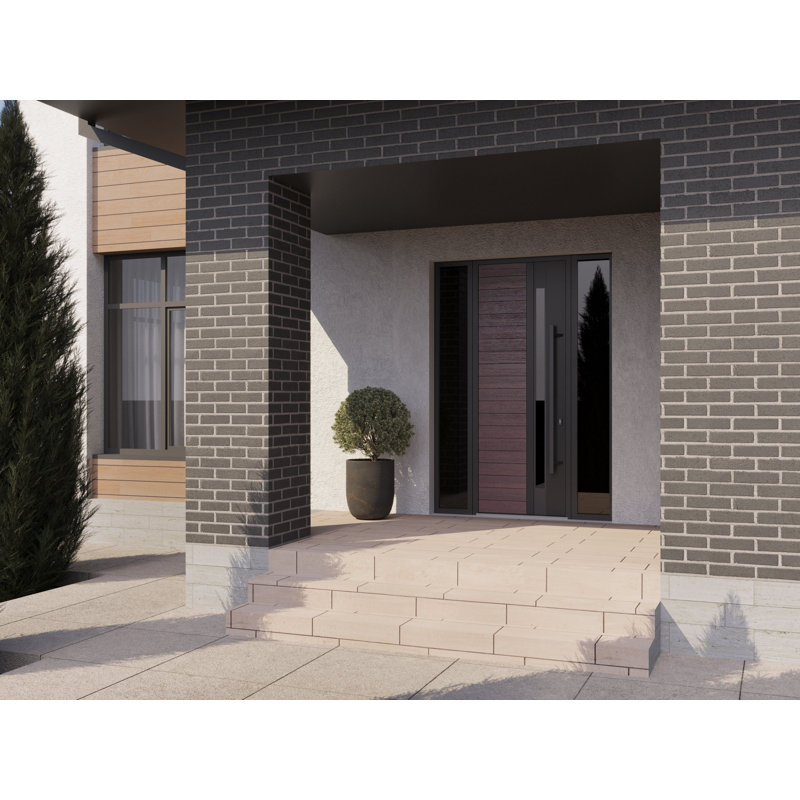 Porte d'entrée extérieure prémontée en acier Ronex 0162 Chêne rouge, 2 fenêtres latérales et supérieures, imposte latérale, métal peint, style moderne, largeur 14+36+14 x hauteur 96+16, ouverture gauche vers l'intérieur