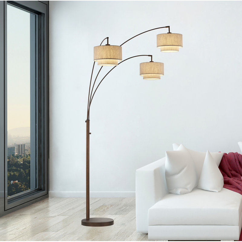 Antique Bronze Adjustable Arc LED Floor Lamp with Linen Shades