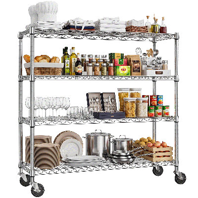 Étagère mobile à 4 niveaux en fil métallique de 119 cm (47 po), avec étagères réglables et roulettes verrouillables, idéale pour le garde-manger, le garage, la buanderie et le cellier, finition chromée.