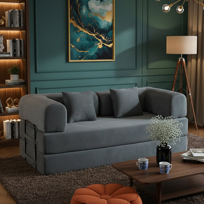 Canapé-lit convertible 77,9 po avec coussin cylindrique - 4-en-1 - Velours côtelé noir, Gris