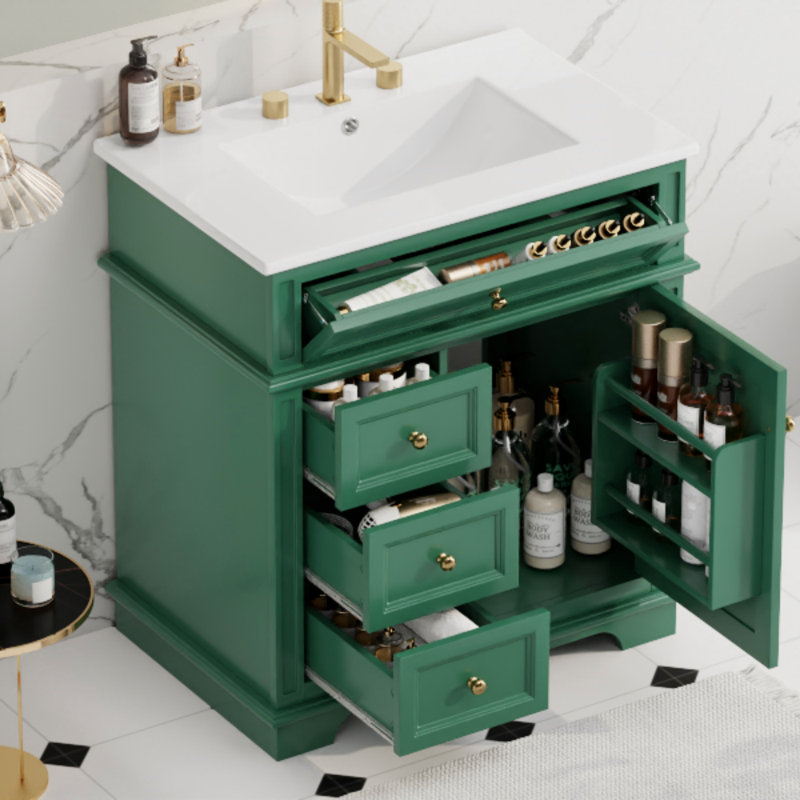 30" Bathroom Vanity With Sink, One Tip-Out Drawer, Three Drawers, Door Shelf, Soft Closing Door