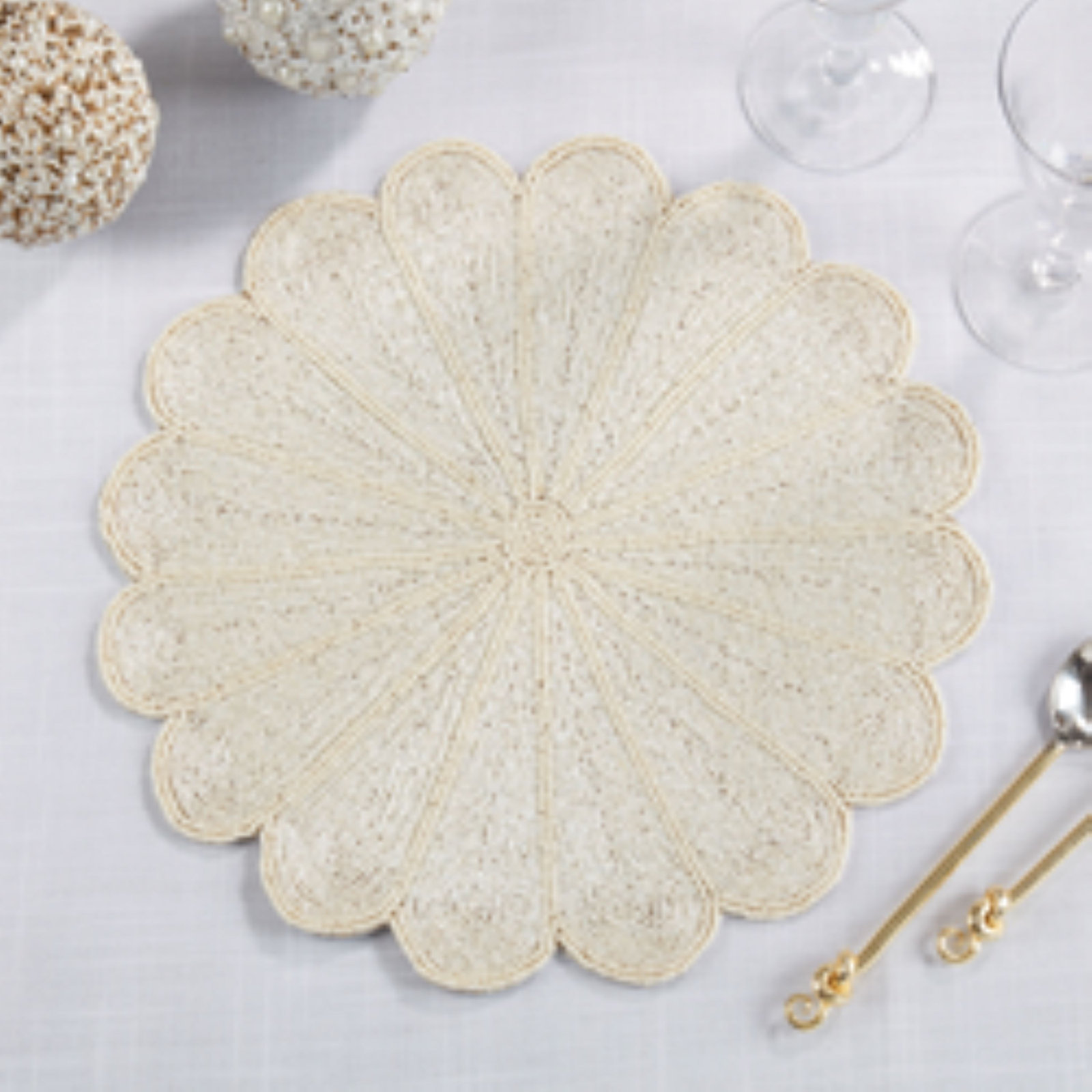 Kaeto Flower Design Beaded 15" Glass Placemat, Ivory